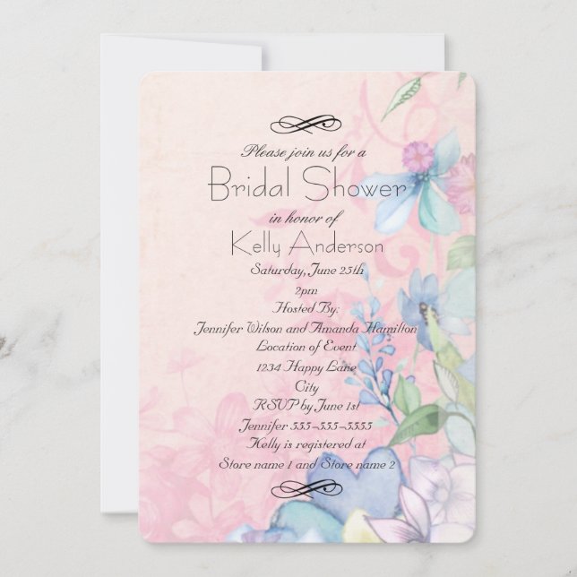 Pretty Pink and Blue Wildflowers Bridal Shower Invitation (Front)