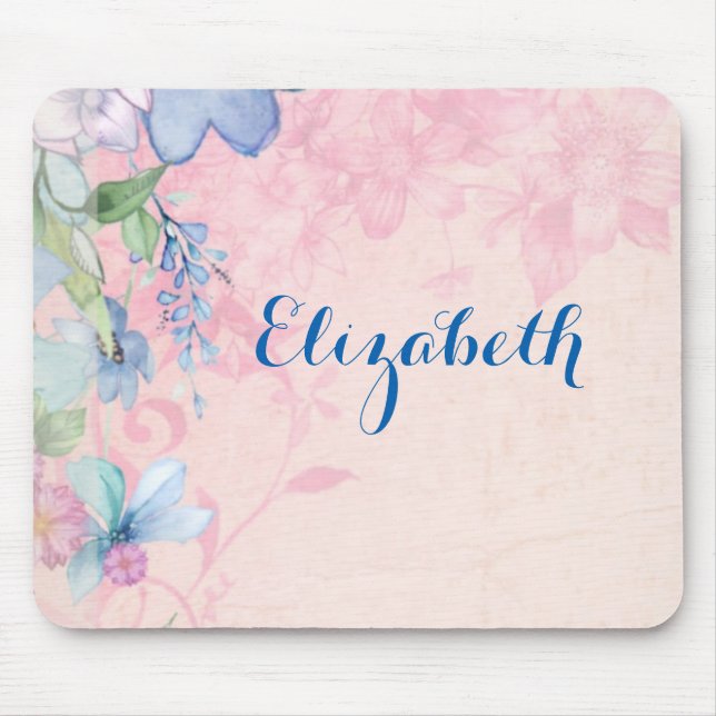 Pretty Pink and Blue Wildflowers Personalized Mouse Pad (Front)