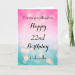 Pretty Pink and Bokeh 22nd Birthday Card<br><div class="desc">A pretty bokeh blue and pink 22nd birthday card for granddaughter,  daughter,  goddaughter,  etc. The front of this pretty 22nd birthday can be easily personalized with her name. The inside card message can also be personalized. This would make a great birthday keepsake for her twenty second birthday.</div>