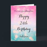 Pretty Pink and Bokeh 24th Birthday Card<br><div class="desc">A pretty bokeh blue and pink 24th birthday card for daughter,  niece,  granddaughter,  etc. The front of this pretty 24th birthday can be easily personalized with her name. The inside card message can also be personalized. This would make a beautiful twenty fourth birthday card keepsake for her.</div>