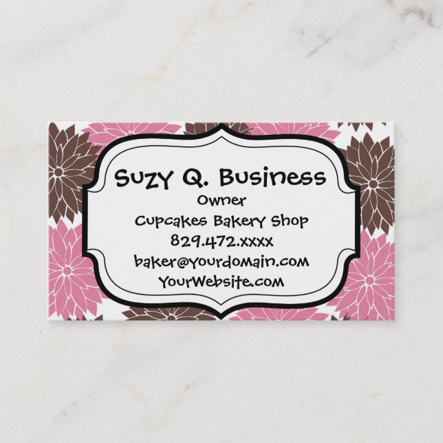 Pretty Pink and Brown Flower Blossoms Floral Print Business Card (Front)