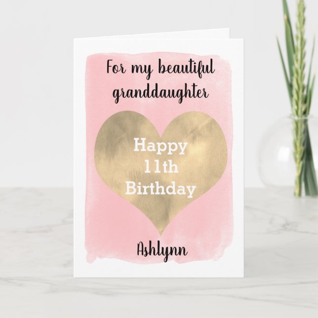 Pretty Pink and Gold 11th Birthday Granddaughter Card (Front)