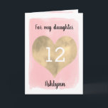 Pretty Pink and Gold 12th Birthday Daughter Card<br><div class="desc">A personalized pink and gold daughter 12th birthday card that features a gold heart against pink watercolor. You can personalize gold heart with the age you need and add her name underneath the heart. The inside message can be easily edited if wanted. The back of the card says Happy Birthday,...</div>