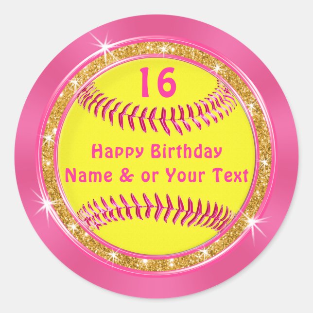 Pretty Pink and Gold Birthday Softball Stickers (Front)
