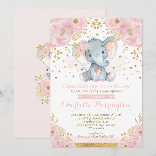 Pretty Pink and Gold Elephant Baby Shower Invitation (Front/Back)