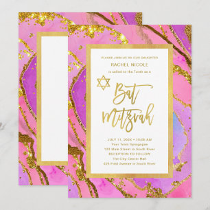 Pretty Pink and Gold Geode Bat Mitzvah Invitation