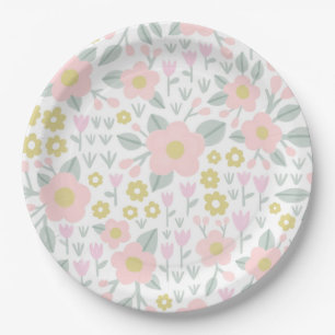 Pretty Pink and Gold Girly Floral Pattern Paper Plate
