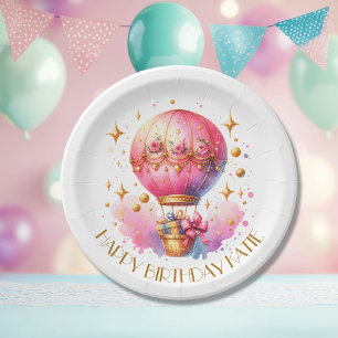 Pretty Pink and Gold Hot Air Balloons Personalized Paper Plate