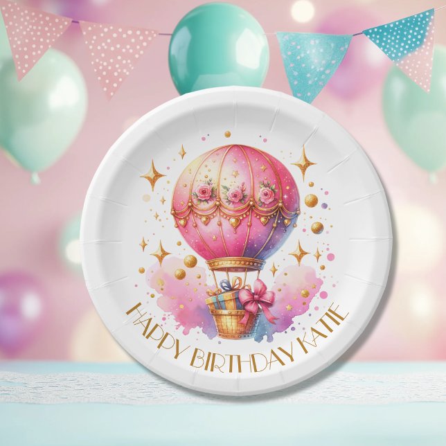 Pretty Pink and Gold Hot Air Balloons Personalized Paper Plate (Creator Uploaded)