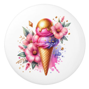 Pretty Pink and Gold Ice Cream Cone Birthday Ceramic Knob