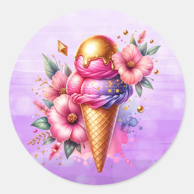 Pretty Pink and Gold Ice Cream Cone Birthday Classic Round Sticker (Front)