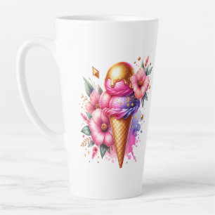 Pretty Pink and Gold Ice Cream Cone Personalized Latte Mug