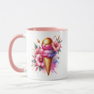 Pretty Pink and Gold Ice Cream Cone Personalized Mug