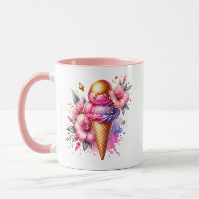 Pretty Pink and Gold Ice Cream Cone Personalized Mug (Left)