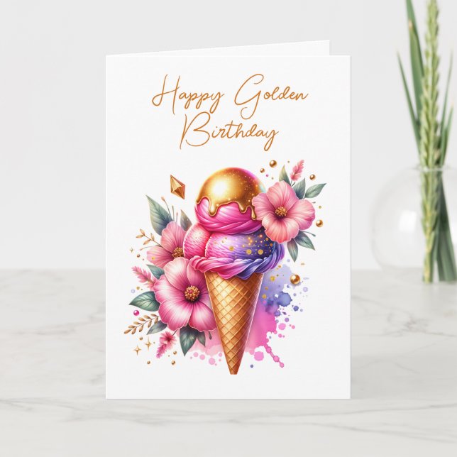 Pretty Pink and Gold Ice Cream Golden Birthday Card (Front)