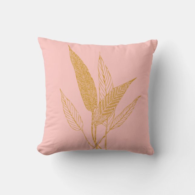 Pretty Pink and Gold Leaves Drawing Throw Pillow (Front)
