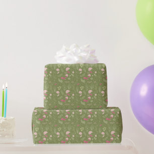 Pretty Pink and Green Birds and Leaves Children's Wrapping Paper