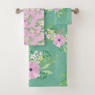 Pretty Pink and Green Floral Bath Towel Set