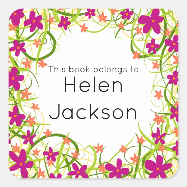 Pretty pink and green floral book name sticker (Front)