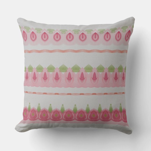 Pretty Pink And Green Patterned Throw Pillow (Front)