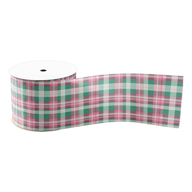 Pretty Pink And Green Plaid Chequered Pattern  Grosgrain Ribbon (Spool)