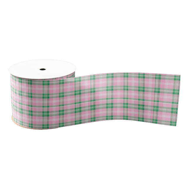 Pretty Pink And Green Plaid Chequered Pattern  Grosgrain Ribbon (Spool)