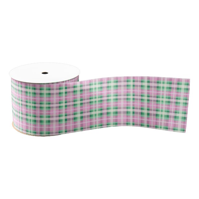 Pretty Pink And Green Plaid Chequered Pattern  Grosgrain Ribbon (Spool)