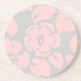 Pretty Pink and Grey Floral Monogram Coaster