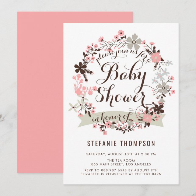 Pretty Pink and Grey Floral Wreath Baby Shower Invitation (Front/Back)