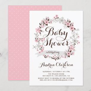 Pretty Pink and Grey Floral Wreath Baby Shower Invitation