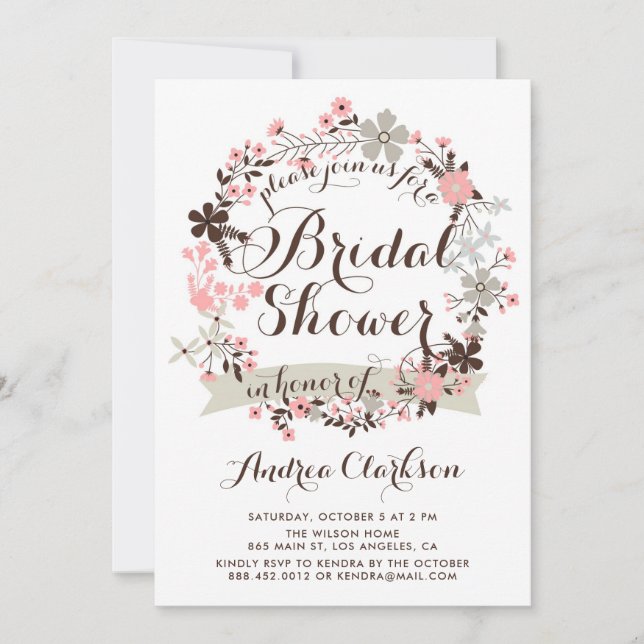 Pretty Pink and Grey Floral Wreath Bridal Shower Invitation (Front)