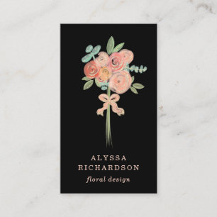 Pretty Pink and Peach Flowers and Gold Black Business Card