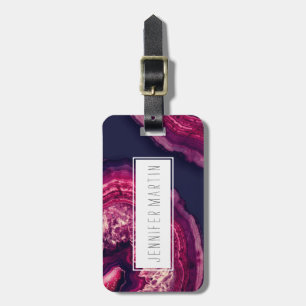 Pretty Pink and Purple Agate Geode Stone on Blue Luggage Tag