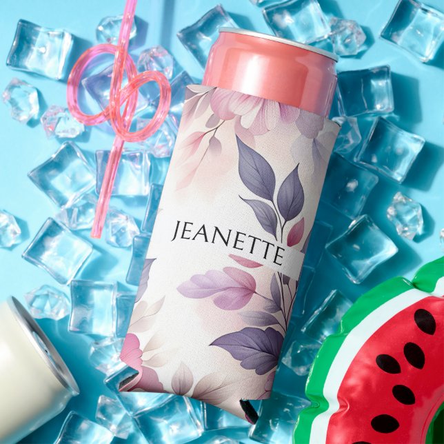 Pretty Pink and Purple Floral Personalized Seltzer Can Cooler (In Situ Summer)