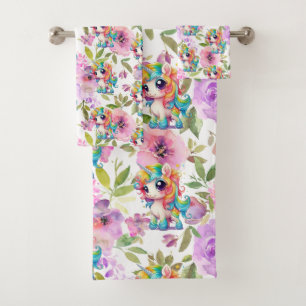 Pretty Pink and Purple Flowers Rainbow Unicorn Bath Towel Set