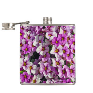 Pretty pink and purple petunias floral print hip flask