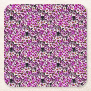 Pretty pink and purple petunias floral print square paper coaster