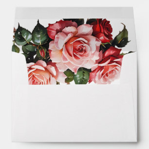Pretty pink and red roses floral wedding envelope