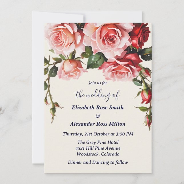 Pretty pink and red roses wedding invitation (Front)