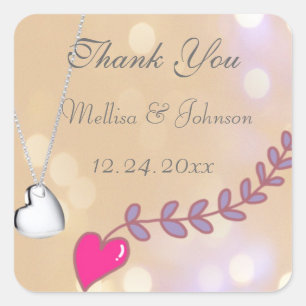 pretty pink and silver heart necklace wedding favo square sticker