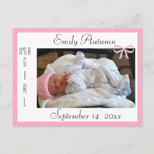Pretty Pink and White Birth Announcement Postcard