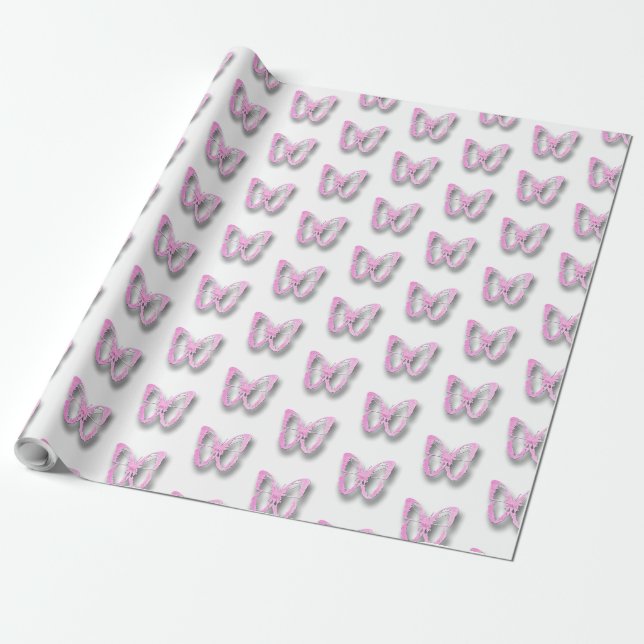 Pretty Pink and White Butterfly Gift Wrap (Unrolled)