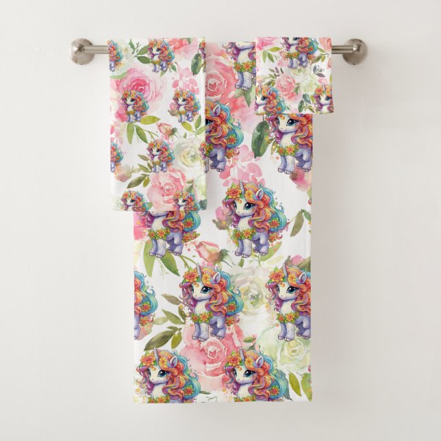 Pretty Pink and White Flowers Rainbow Unicorn Bath Towel Set (Insitu)