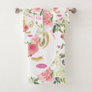 Pretty Pink and White Flowers Rainbow Unicorn Bath Towel Set