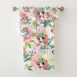 Pretty Pink and White Flowers Rainbow Unicorn Bath Towel Set