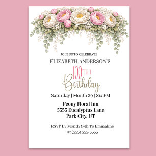 Pretty Pink and White Peony 100th Birthday Invitation