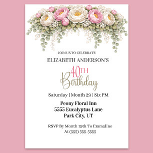 Pretty Pink and White Peony 40th Birthday Invitation