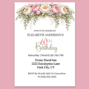 Pretty Pink and White Peony 60th Birthday Invitation