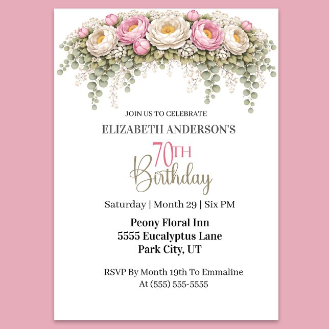 Pretty Pink and White Peony 70th Birthday Invitation (Elegant pink and white peony floral 70th birthday invitation)