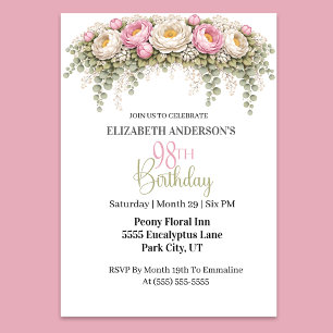 Pretty Pink and White Peony 98th Birthday Invitation